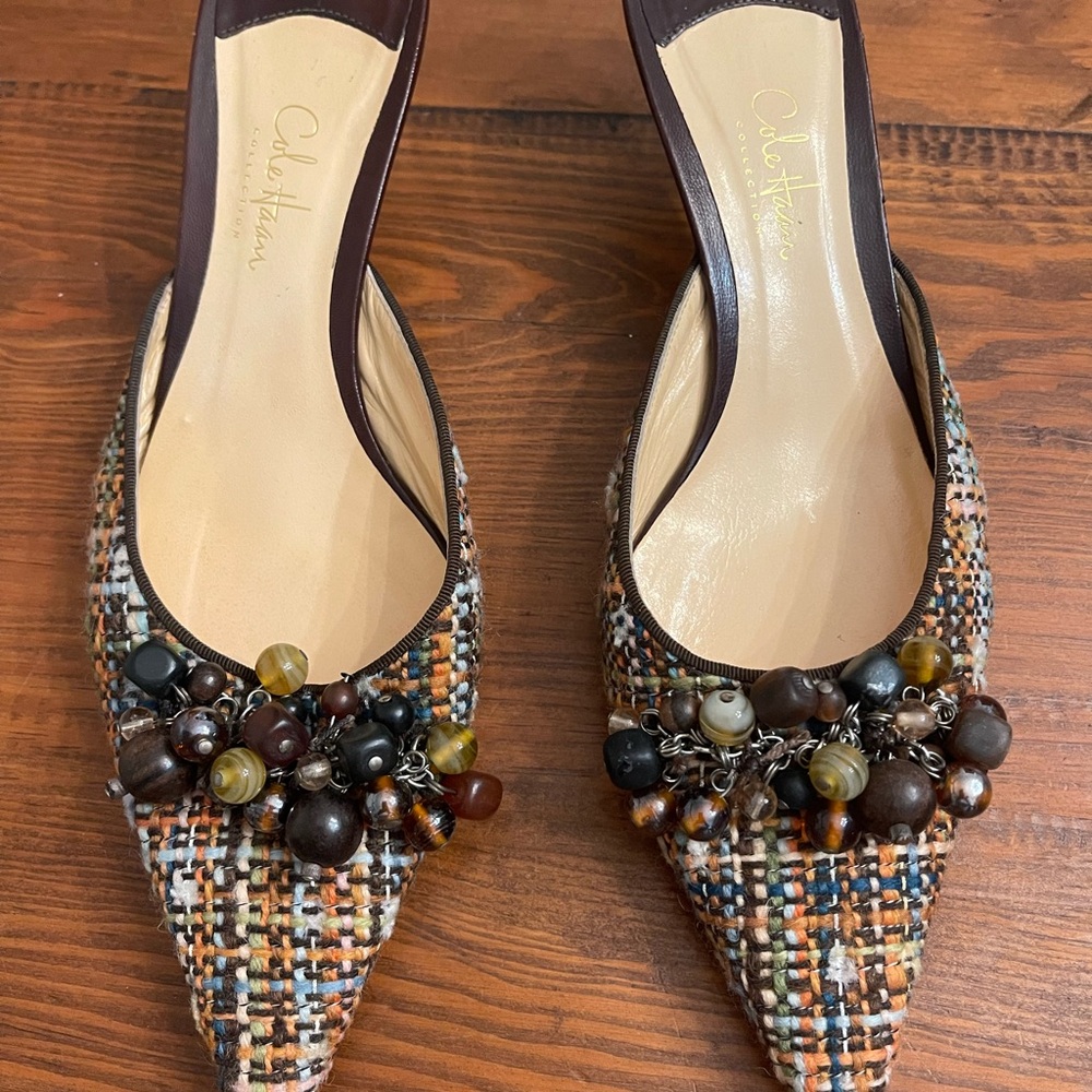 Cole Haan Multicolor Tweed Mules with Beaded Accents
